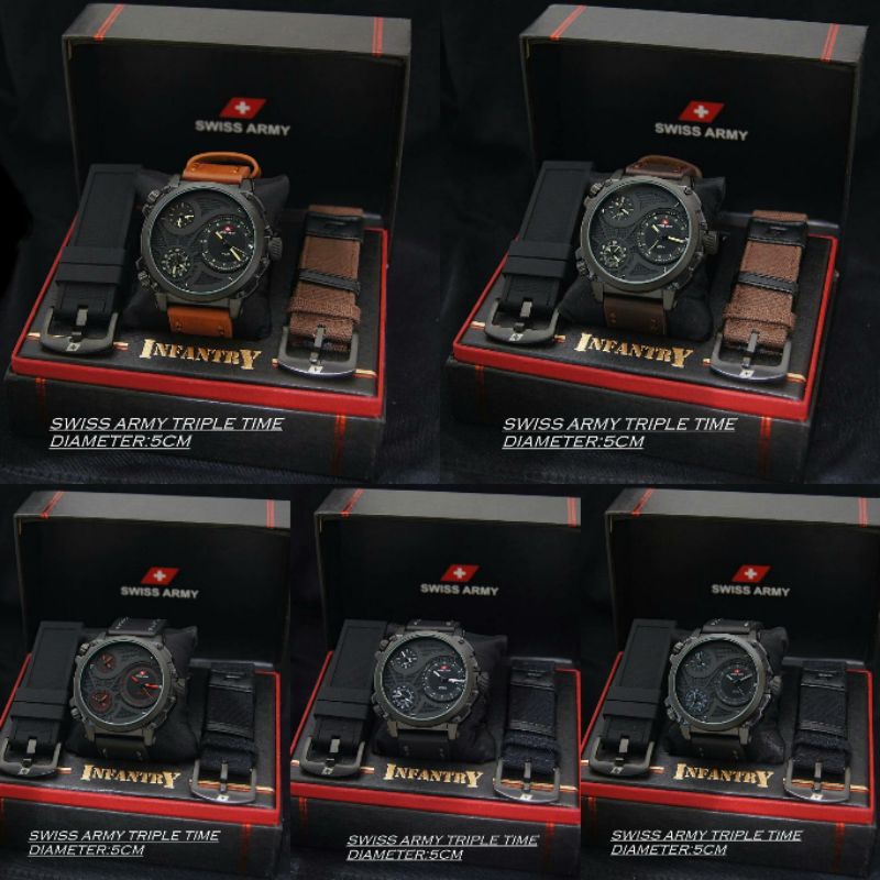 SALE TERMURAH Jam Tangan Pria Swissa Army SA INFANTRY 3 Triple Zone Time Leather Free Canvas & Rubbe
