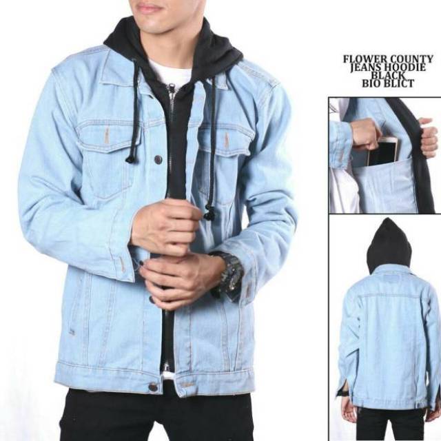 Jaket Jeans Hoodie Double Sletting - Jaket Jeans Pria- Jaket Motor