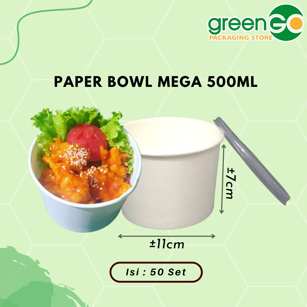 PAPER BOWL MEGA POLOS 500ML 50 SET TUTUP CUP RICE BOWL SIZE MEDIUM MANGKOK KERTAS TAHAN PANAS TAHAN 