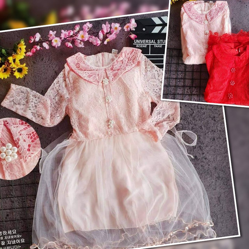 Dress Gaun Pesta Anak Import Brokat Kombinasi Tile Kerah Lengan Panjang (6-8 tahun)