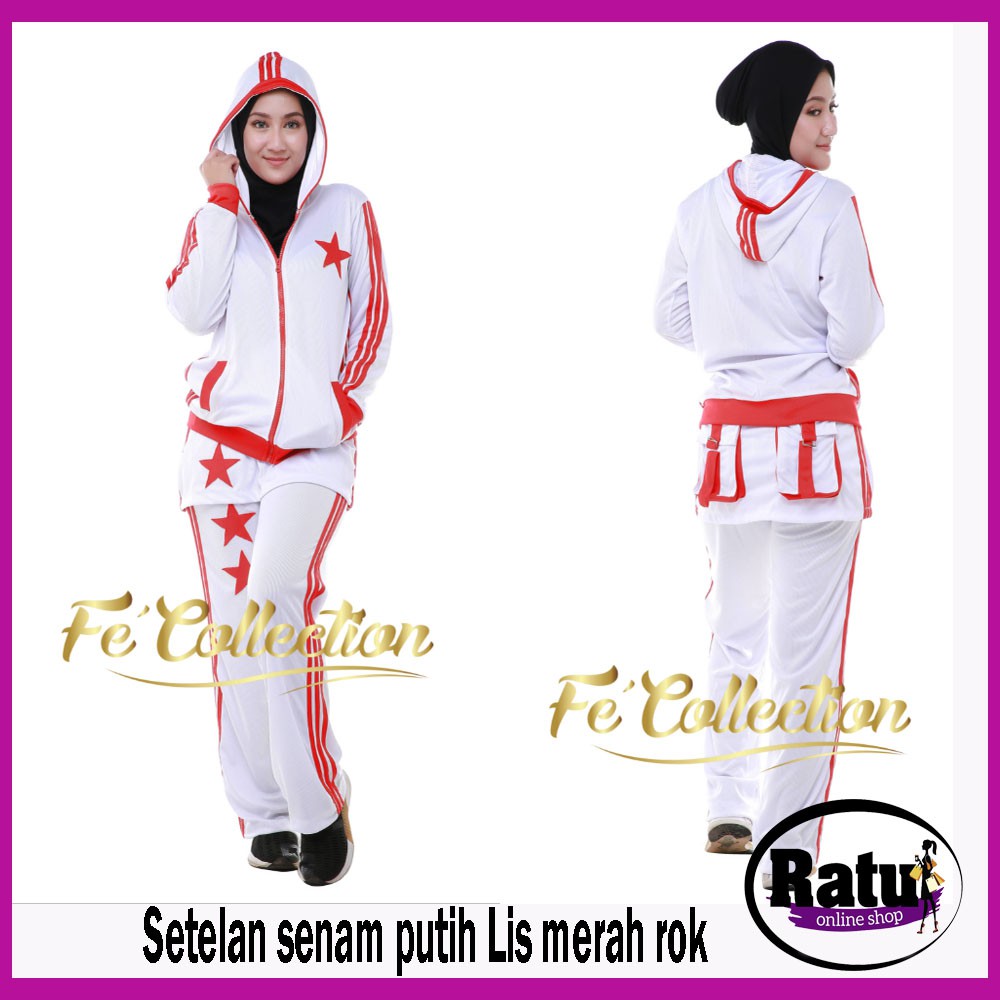 TERLARIS Baju senam olahraga baju senam muslim panjang rok Putih Putih Lis Merah/ baju senam setelan