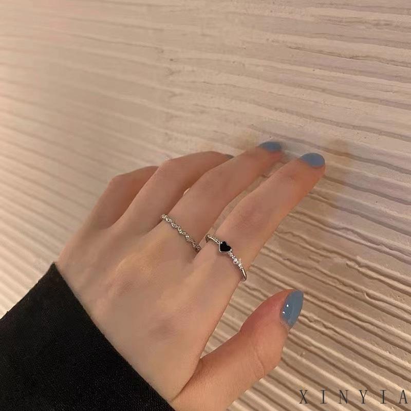 【COD】Elegan Glittery Hitam Zirkon Jantung Pesona Cincin Untuk Wanita Perempuan Korea Perak Memutar Terbuka Cincin Fashion