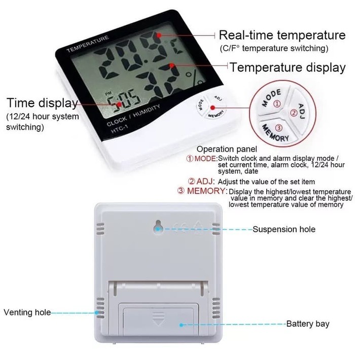 TERMOMETER HYGROMETER RUANG DIGITAL JAM THERMOMETER IN OUT HTC-1