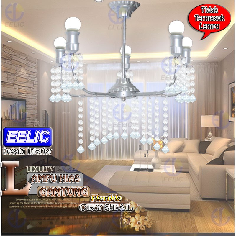 EELIC LHG-83 LAMPU HIAS GANTUNG CRYSTAL LIMA KAP SELANG FLEXIBLE DENGAN HIASAN MANIK CRYSTAL