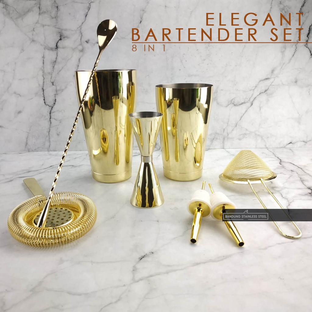 Elegant Bartender Set SUS304 Mewah Gold Rosegold 8 in 1 Shaker Jigger Saringan Pourer Wine Filter