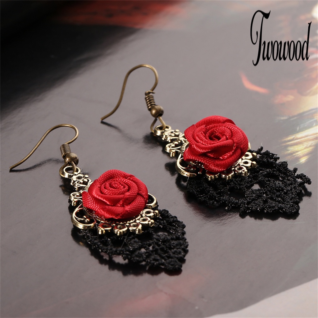 1 Pasang Anting Hook Desain Mawar Merah Model Hollow Untuk Wanita