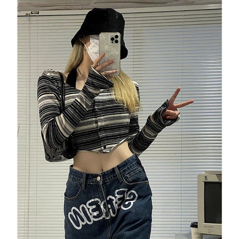 kaos wanita korean style black and white striped short cardigan lace up T-shirt lengan panjang two-p