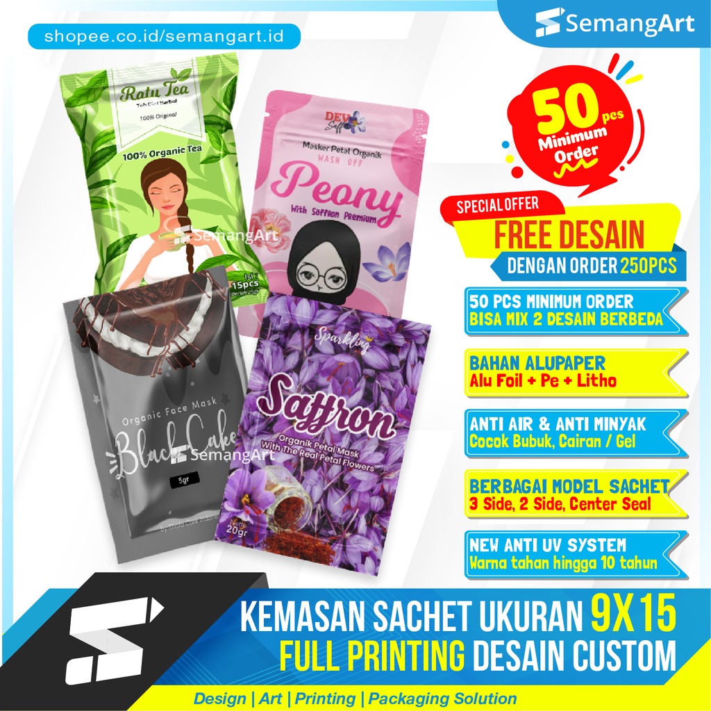 

Kemasan Sachet 9x15 Plastik Klip Ziplock Flat Bottom Full Printing Bungkus Makanan / Masker / Bumbu / Minuman / Collagen / Teh / Kopi Cetak Desain Custom