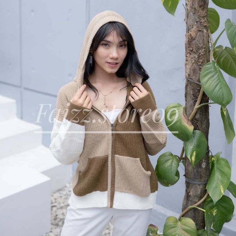 Hoodie TWO-TONE Jaket Rajut OVERSIZE Zipper/Sweater Rajut wanita Hoodie STORE09