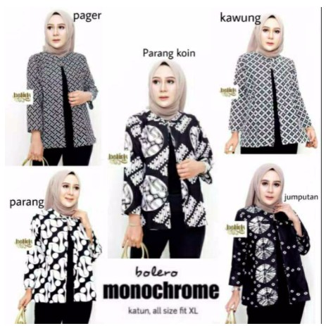 Bolero Monochrome Cardigan Cantik Monokrom Outer Batik Hitam Putih Seragam Kantor Kerja Katun Cardi