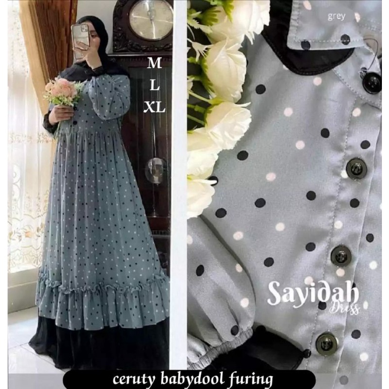 Sayidah Dress Muslim Ceruty Babydool Full Furing Polkadot Gamis Muslimah Kekinian 2021-Grey