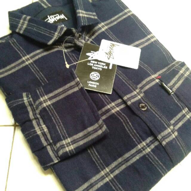 Hem Kemeja Flanel lengan panjang stussy kotak biru navy dongker list putih