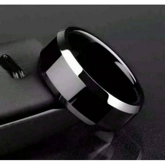 Cincin Coupel Titanium Stainless Stell Hitam List Perak Elegant