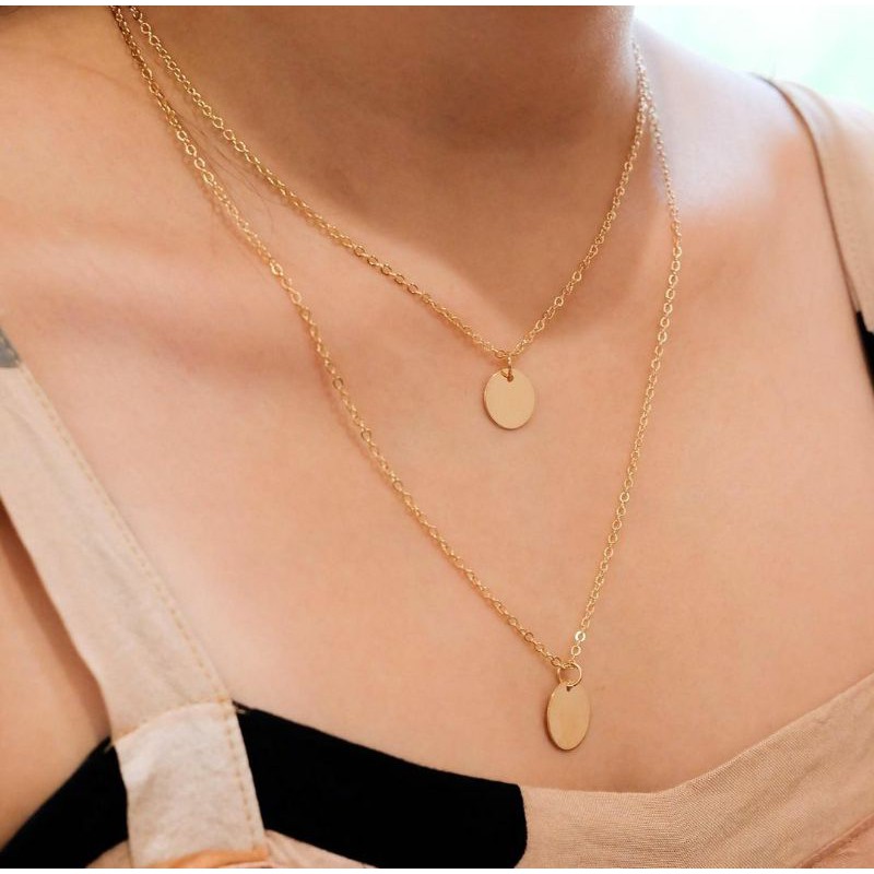 [ READY ] Kalung Wanita Ala Korea Aesthetic Simple Multilayer Duo Gold Disc COD