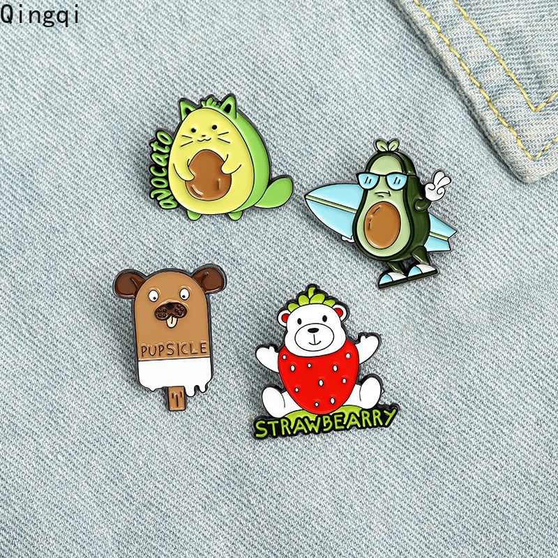 Bros Pin Enamel Bentuk Kartun Buah Semangka / Anjing / Alpukat / Kucing / Beruang /Berry Untuk Anak