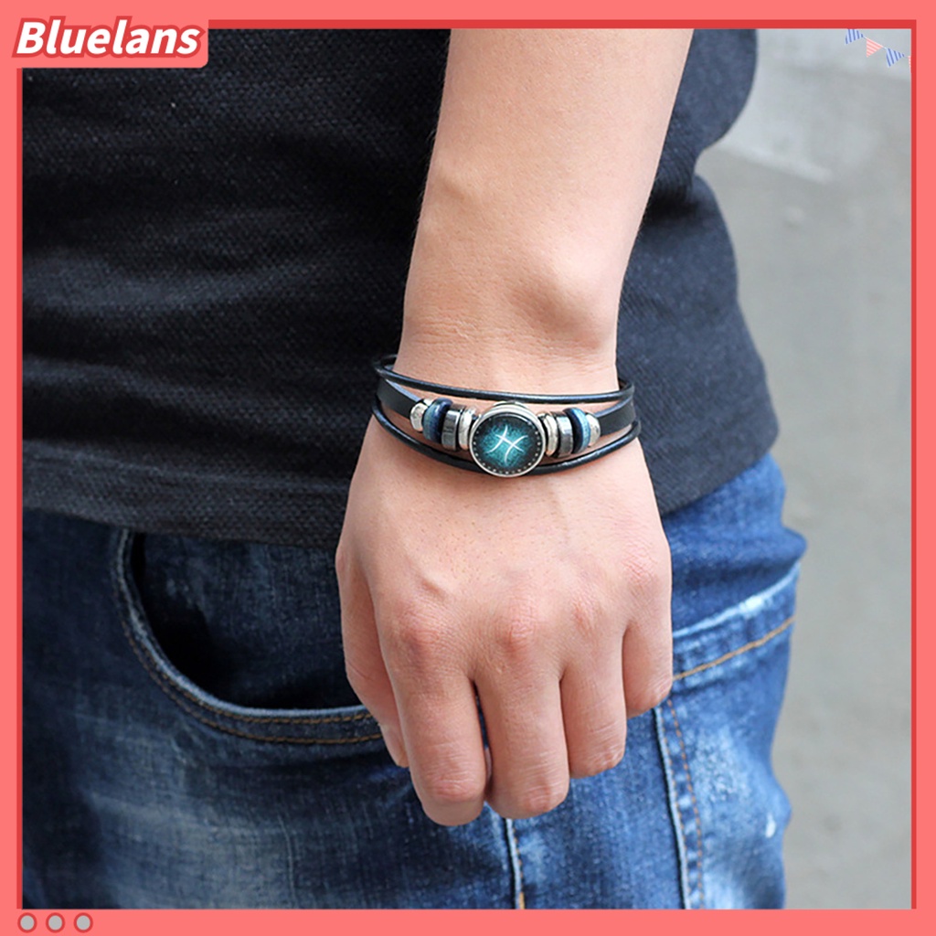 Bluelans Gelang Kulit Multilayer Hias Manik-Manik 12 Rasi Bintang Gaya Retro Untuk Unisex
