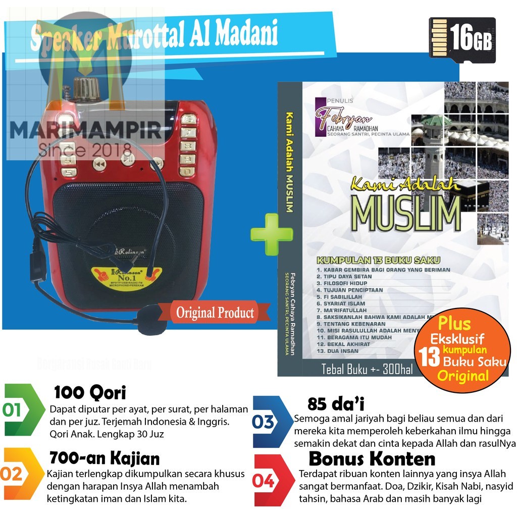 Marimampir [Bundling] Speaker Murottal Al Quran Alquran + Buku Islam (Bisa Rekam & Pengeras Suara Bo
