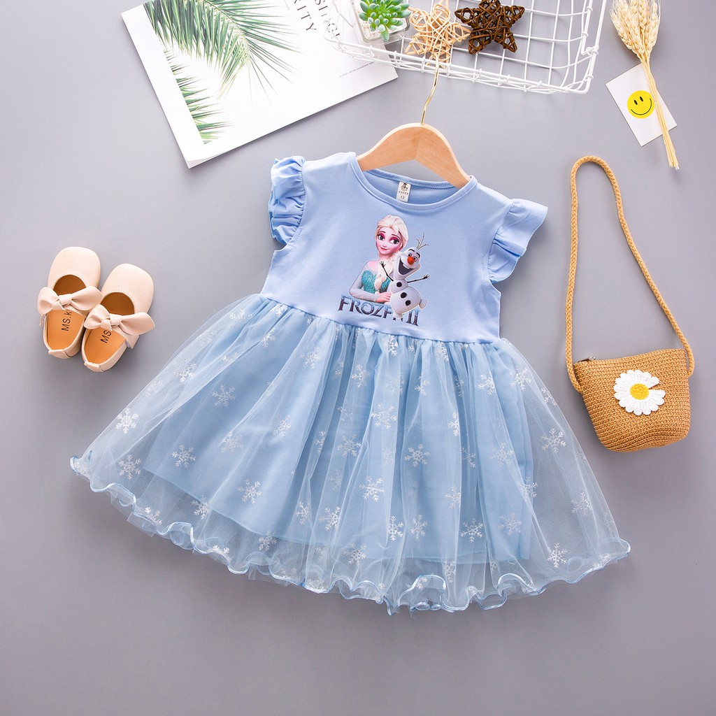 Dress princess perempuan frozen gaun anak cewek lengan pendek+rok kasa import ELSA OLAF SALJU-3