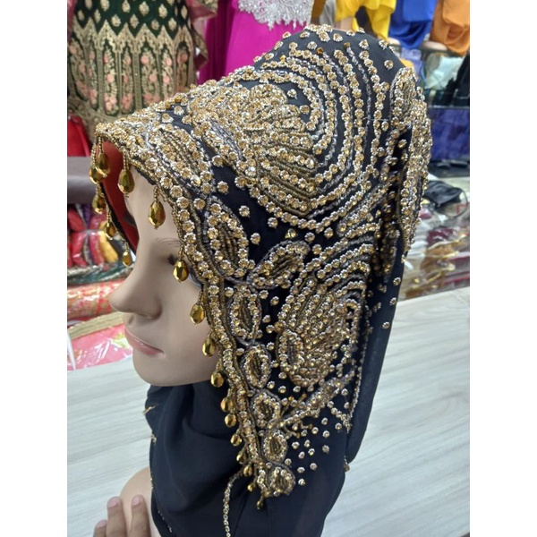 Kerudung Pashmina Hijab Swarovsky HITAM Payet GOLD