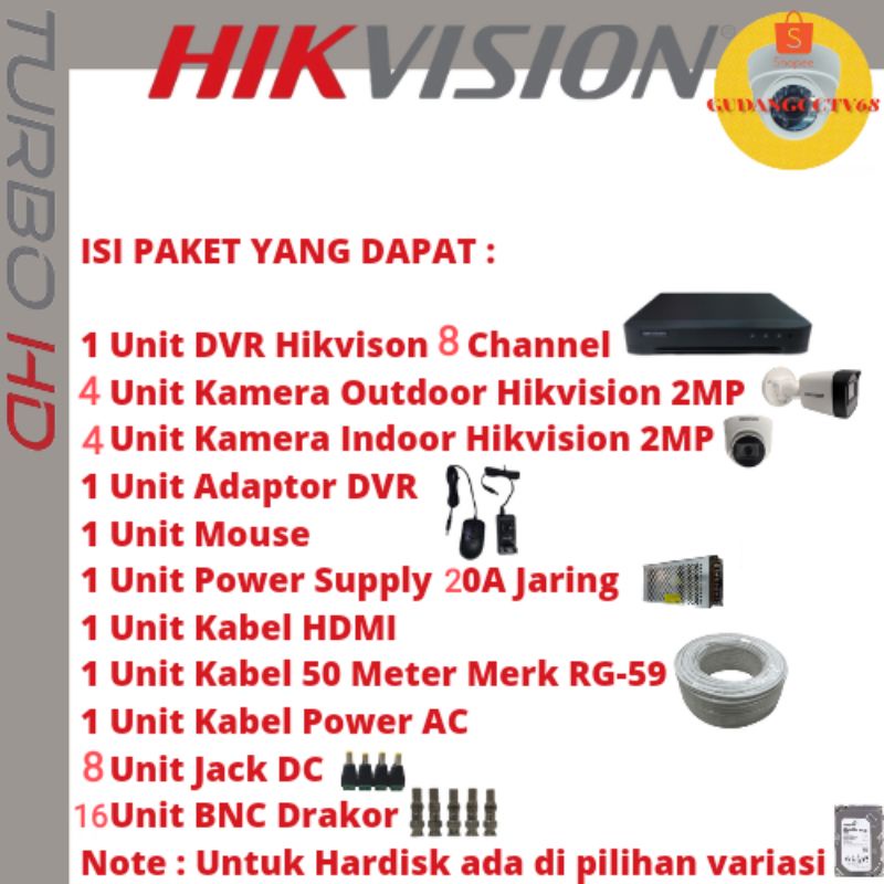 PAKET CCTV HIKVISION 8 CHANNEL 8 KAMERA 2MP HIKVISION TURBO HD 1080P NON-AUDIO DAN AUDIO SERIS-5