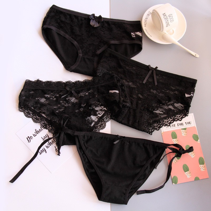 CFS Import Sexy Lingerie Underwear Set 4pcs Celana Dalam Import Brukat Lace Black