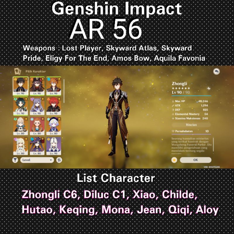 (ON) Genshin Impact - Zhongli C6 - Hutao - Xiao - Childe + Blessing 88hr (Cek Deskripsi)