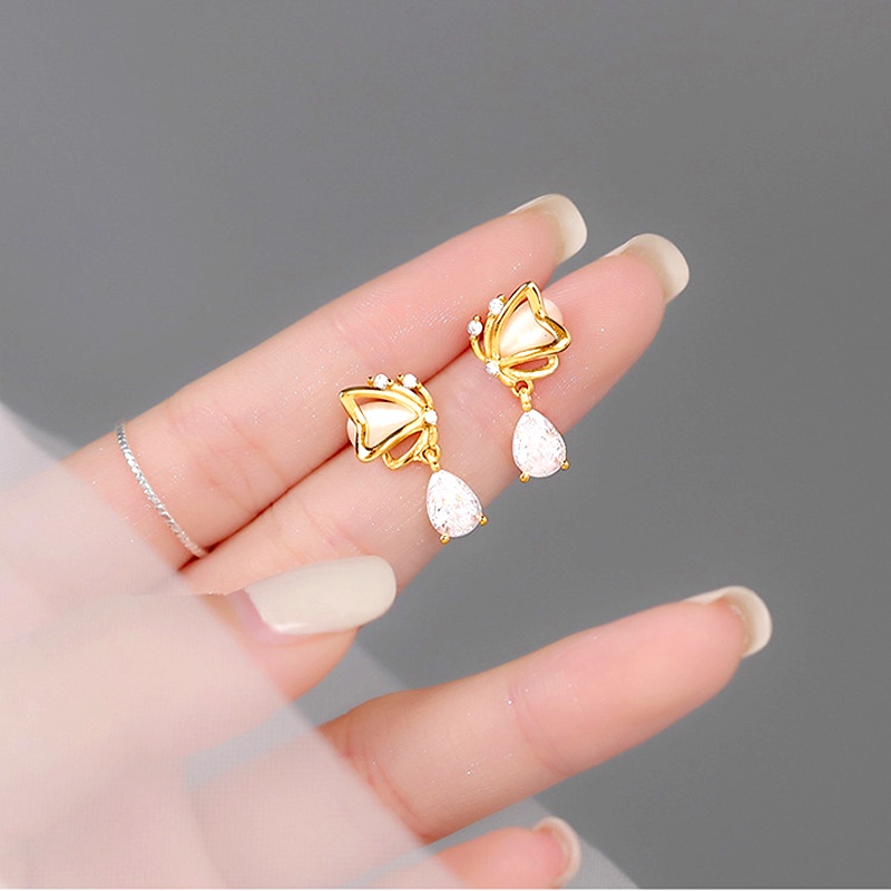 Anting Desain Butterfly Love Water Drop Zircon Bahan Sterling Silver Gaya Korea Untuk Wanita