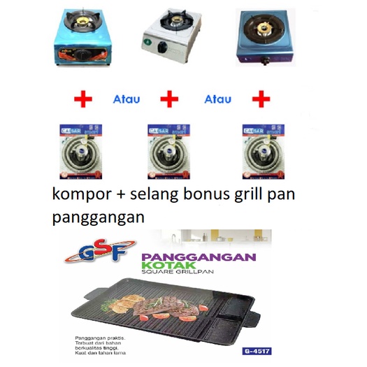 Kompor Gas 1 Tungku + Selang Gas Bonus Grill Pan Panggangan