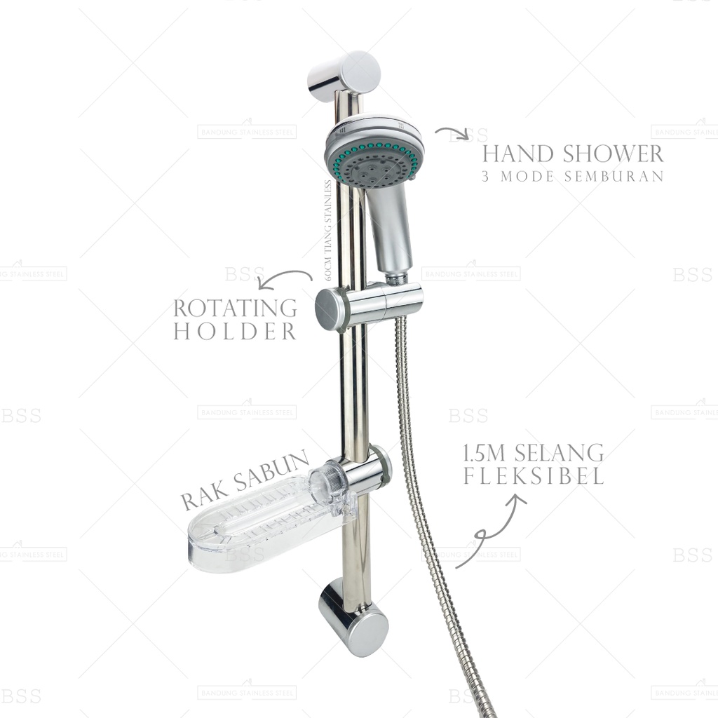 Paket Hand Shower Set 60cm Tiang Stainless Standing Tinggi Kamar Mandi Komplit Lengkap Murah 3 Mode