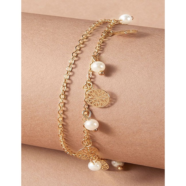 LRC Gelang Tangan Fashion Golden Pearl Round Hollow Flower Tassel Anklet Set P06531