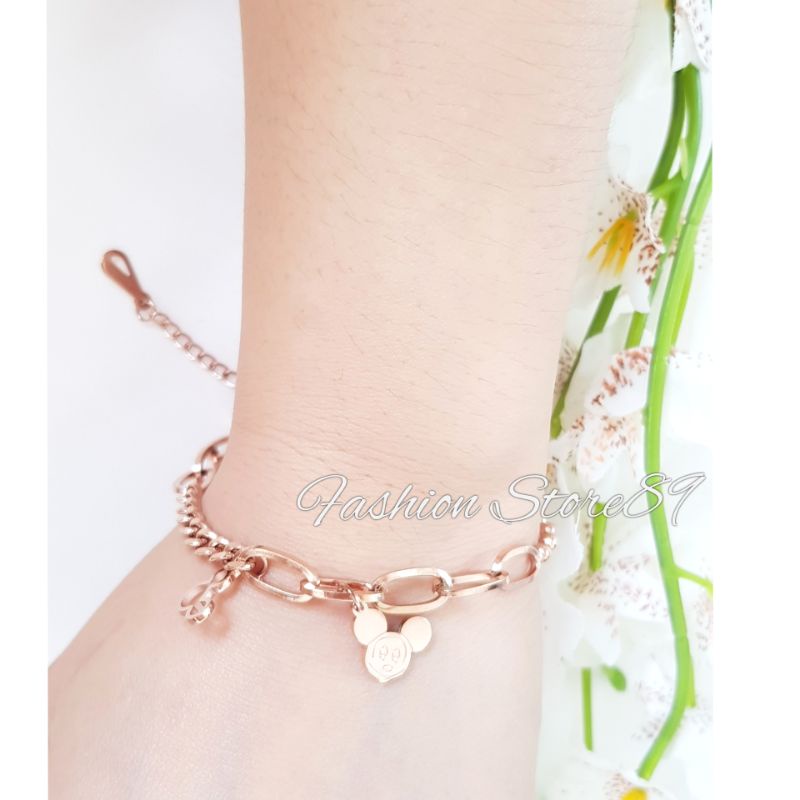 Gelang Mickey Titanium Rosegold Rantai Kombinasi Fashion Impor Antikarat Bestquality