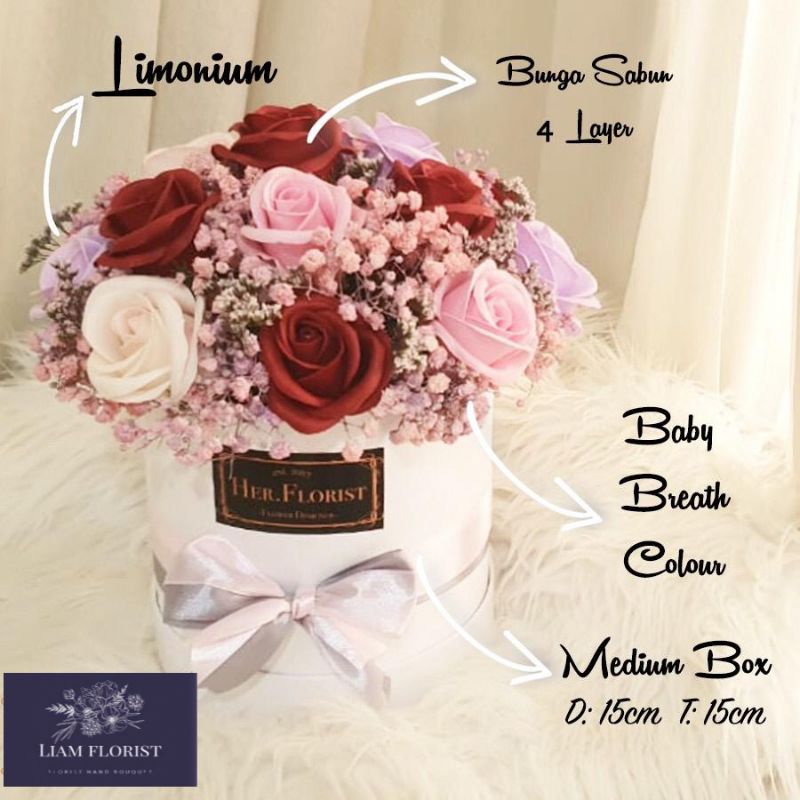 BLOOM BOX BUNGA/MEDIUM BOX BUNGA MAWAR/RANGKAIAN BUNGA BOX/KADO WISUDA/BUKET ANNIVERSARY ULANG TAHUN