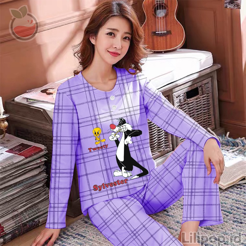 Baju Tidur Celana Panjang Wanita Baby Doll PP Lengan Panjang Bahan Kaos All Size Murah Lilipop