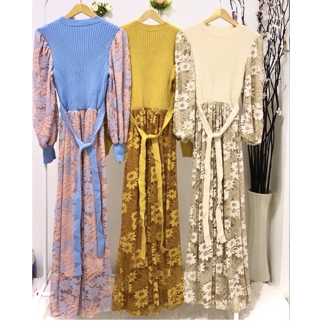Dress gamis brokat lace bunga bunga mix rajut premium import bangkok bkk