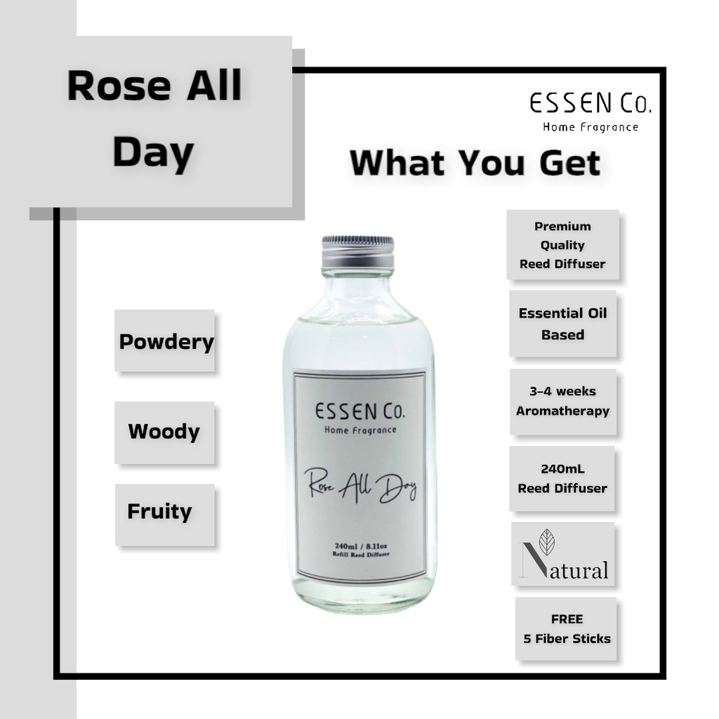 Essen Co Reed Diffuser Aromatherapy Rose All Day Pengharum Pewangi Ruangan Aromaterapi Refill