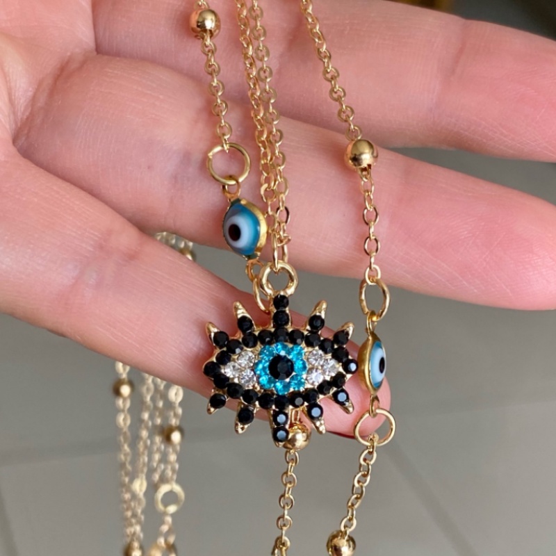 Kalung Rantai Lapis Ganda Dengan Liontin Batu Mata Iblis Warna Emas Untuk Hadiah