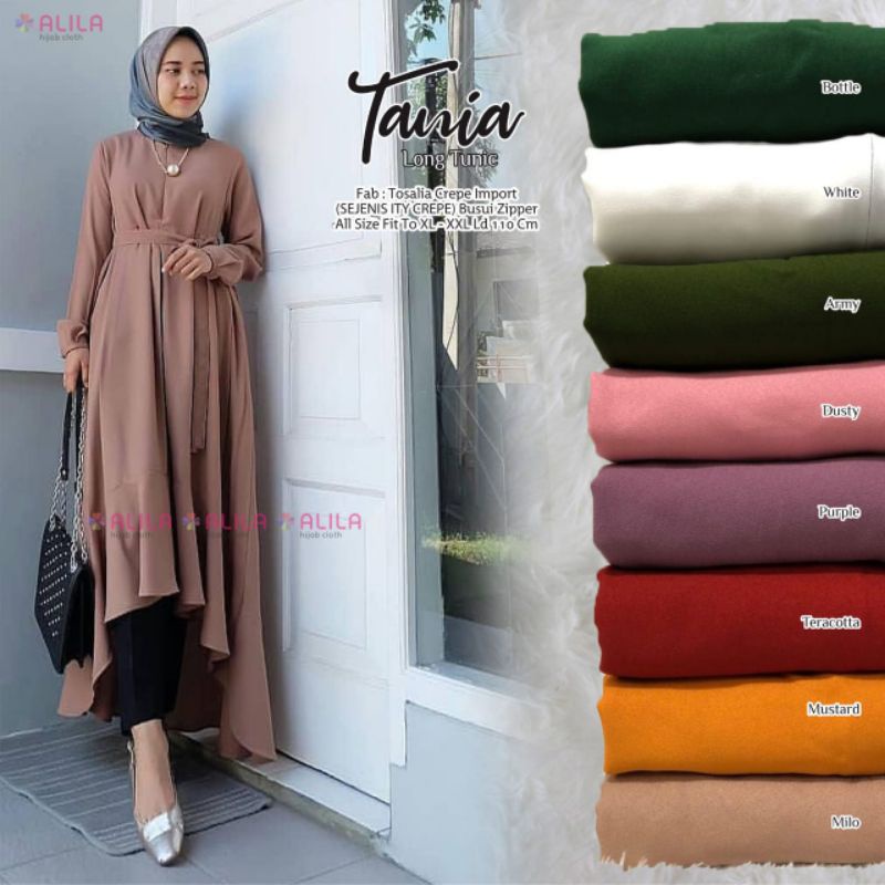 Tania Long Tunik Polos Putih Hitam Tosalia Crepe Ld 110 Jumbo Fit XXL Busui Kancing By Alila