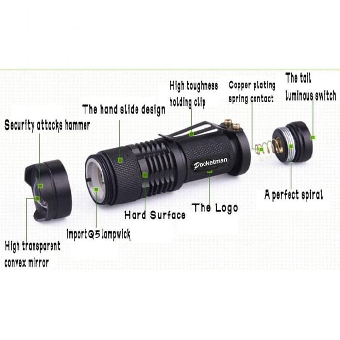 Senter LED 2000 Lumens Pocketman - ZOOM - BESI - SANGAT TERANG - MURAH