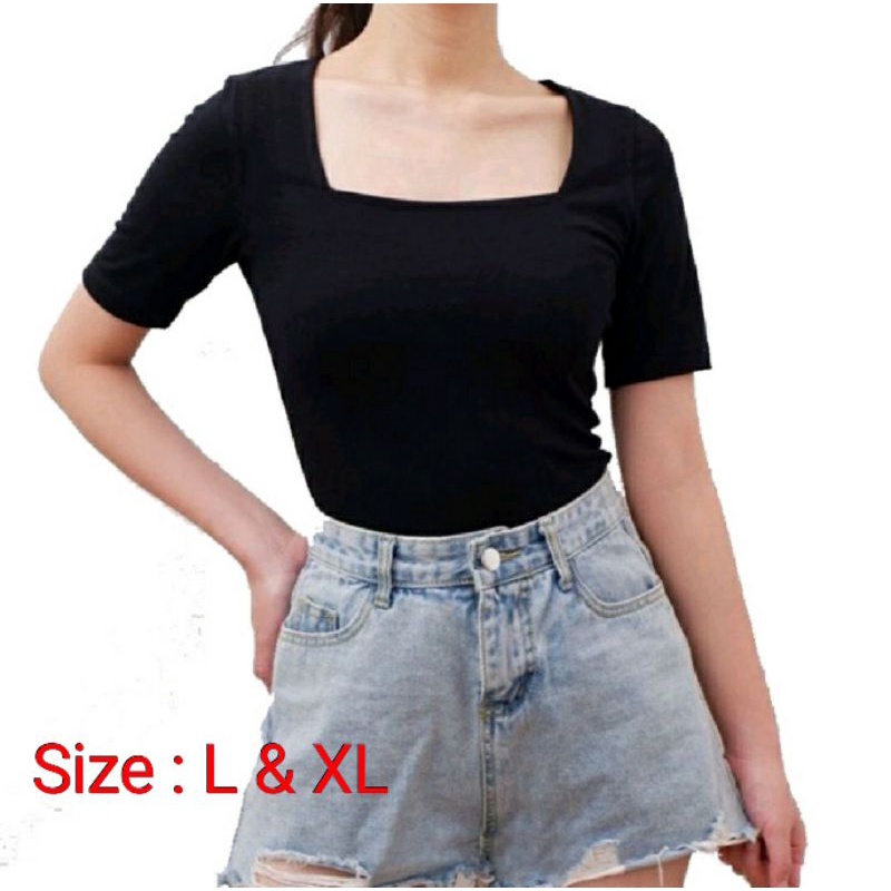 KAOS CROP LEHER KOTAK / CROPTOP WANITA / KAOS KOREA CROP KOTAK NECK SIZE L &amp; XL