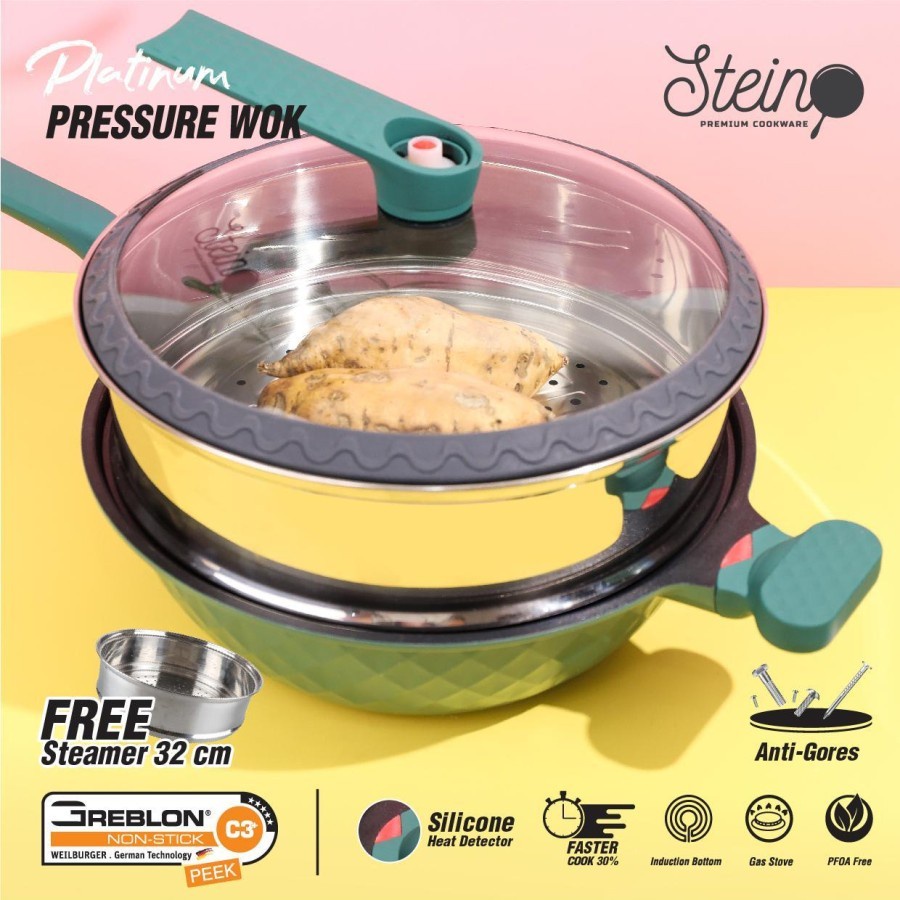 Stein Steincookware Wok Platinum 32cm Pressure Cooker Anti Baret