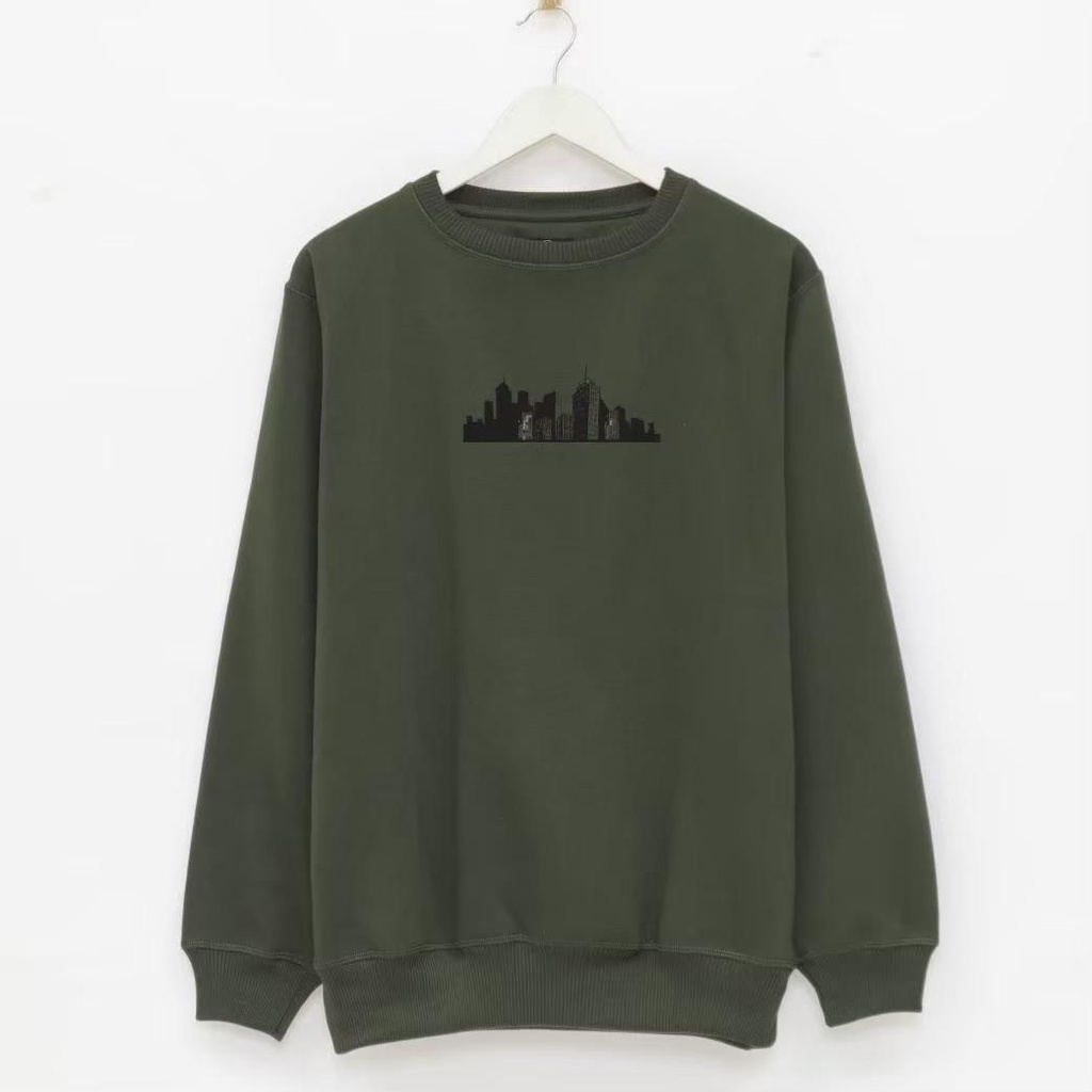 Crewneck Pria Hijau Army Metropolitan City Premium Oversize Terbaru Crunek Laki Laki Perempuan Street Style Model Kekinian Sweater Crewnek Unisex Brand Lokal Berkualitas