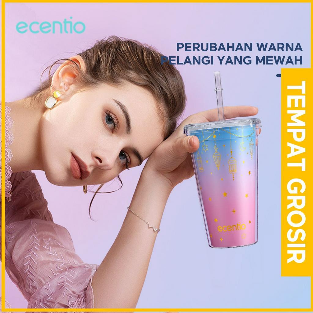 ecentio botol tumbler minum sedotan 450ml botol air kopi/perubahan warna