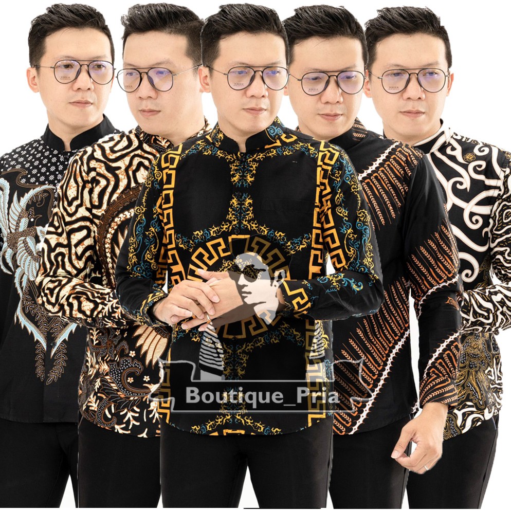 8086Kemeja laki panjang kerah koko hitam cream-Slimfit Long Batik Shanghai Black Gold Cream Premium