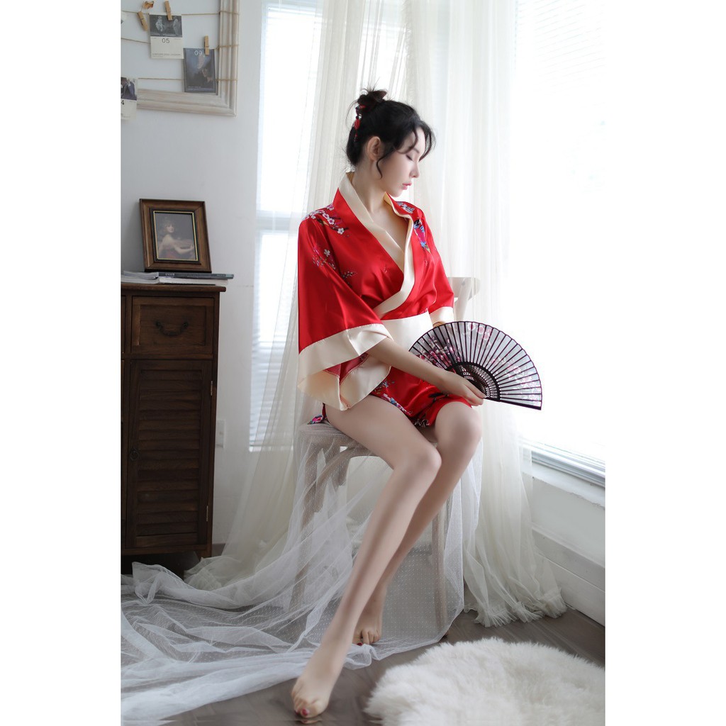 LI-86 mini kimono yukata hitam lingerie baju tidur wanita seksi cosplay