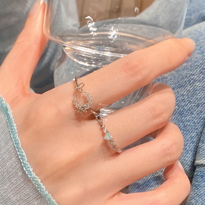 Cincin Model Terbuka Adjustable Bentuk Hati Aksen Zircon Gaya Korea