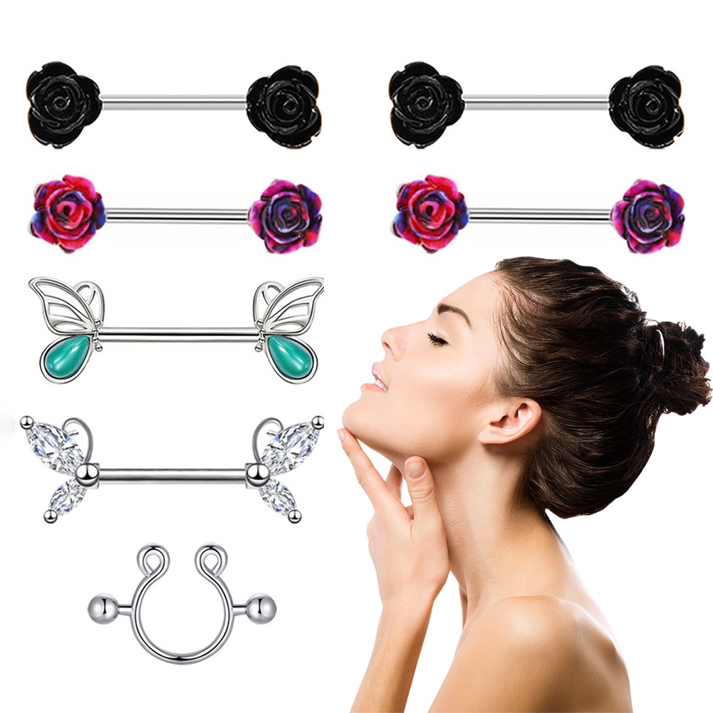 1 Pasang Anting Tindik Puting / Puting / Tubuh Bentuk Bunga Mawar / Kupu-Kupu / Spiral Sexy Untuk Wanita