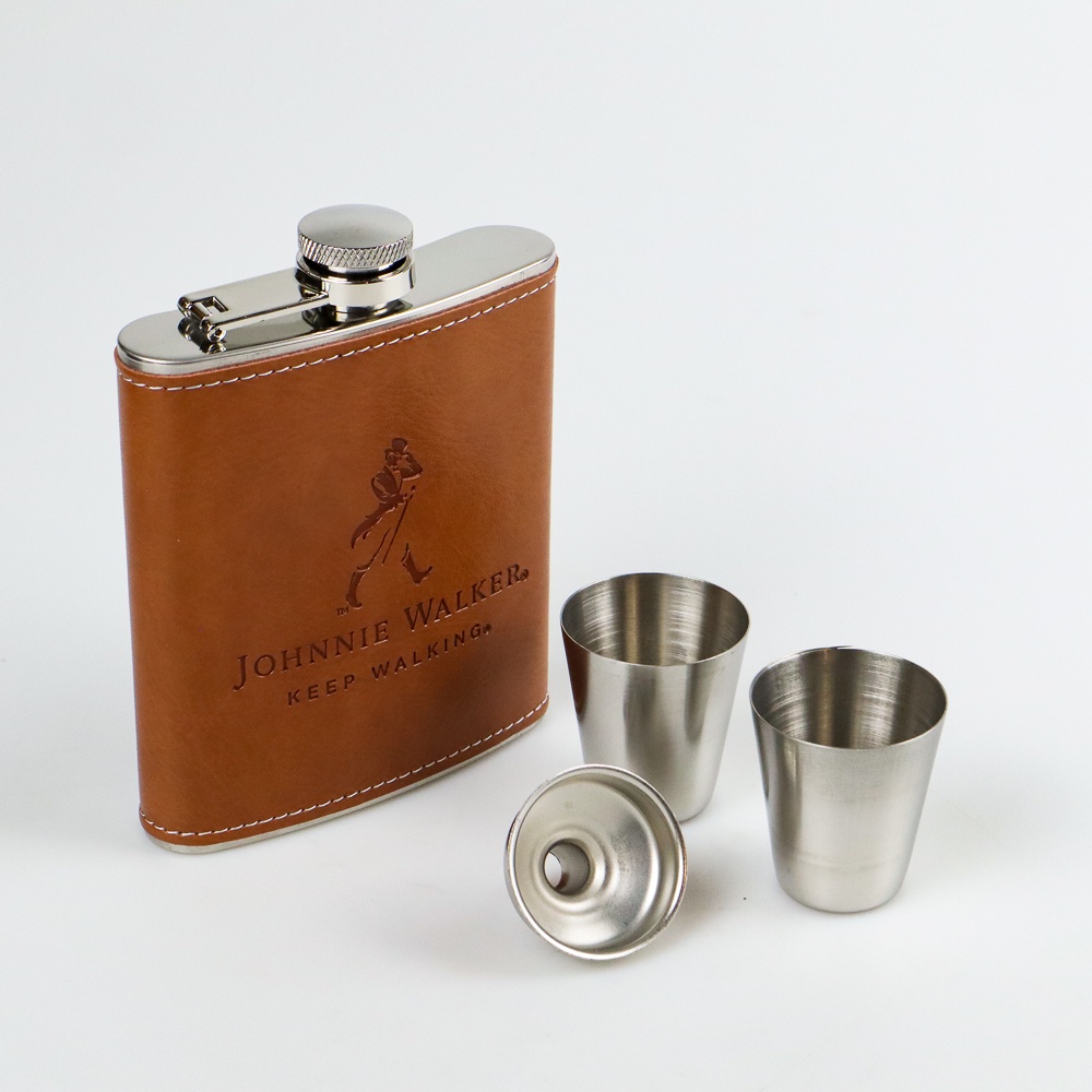 Botol Bir Hip Flask Stainless Steel Leather 7 Oz with Shot Glass - TAG7 - Brown