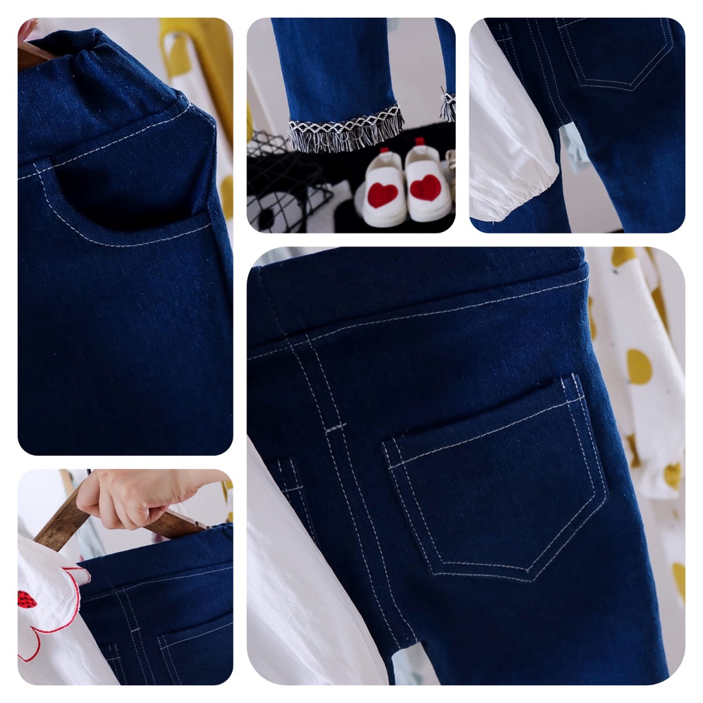 BAJU SETELAN ANAK PEREMPUAN JEANS SABRINA/ BAJU SETELAN ANAK CEWEK MODEL CELANA LEGGING DAN BAJU BUNGA