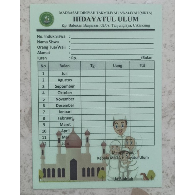KARTU IURAN SPP INFAQ PAUD SD SMP SMK TPA TPQ CUSTOM PLUS WATERMARK