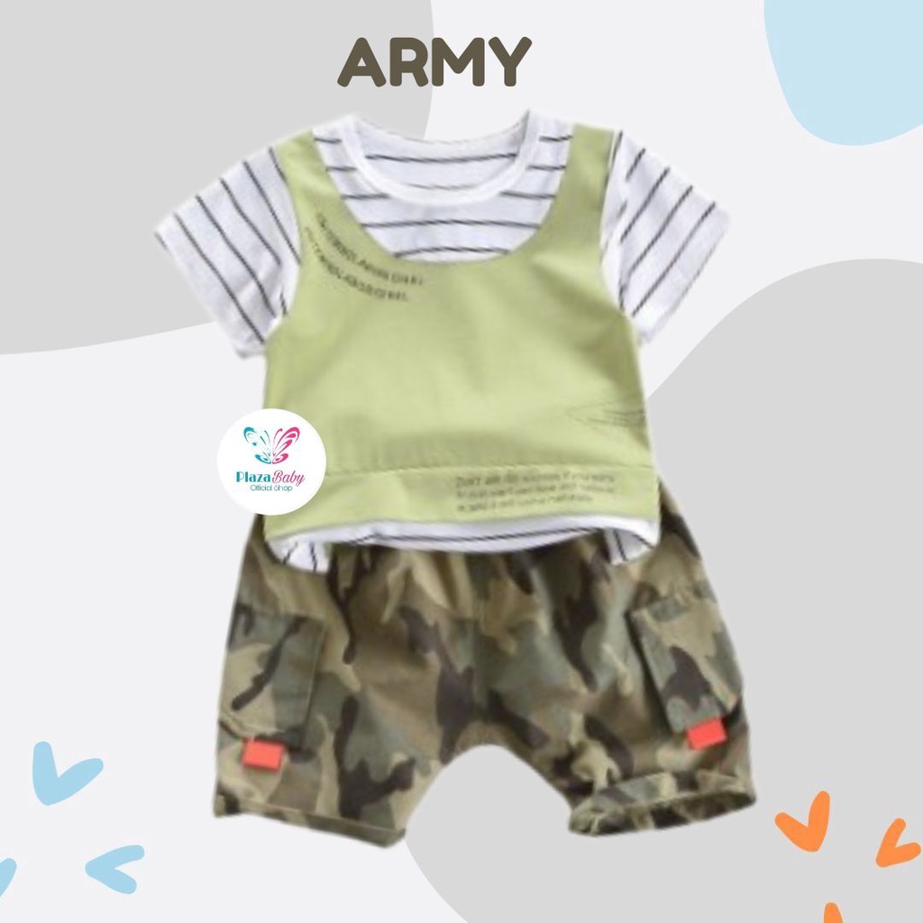 Plazababyku SET BOY ARMY 21017 EBV Setelan Kemeja Bayi Laki-laki Lengan Pendek